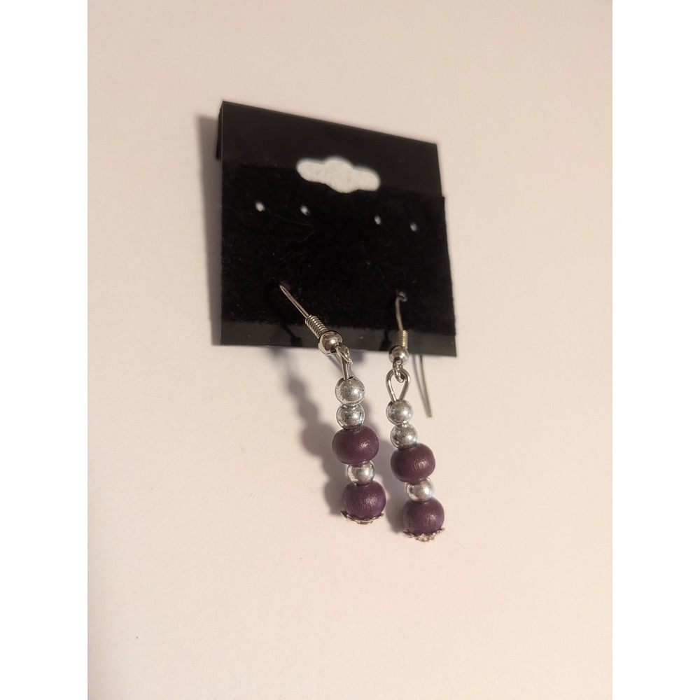 Handmade Purple Wood Bead Silver Tone Dangle Drop Earrings Boho Style Accessory‎